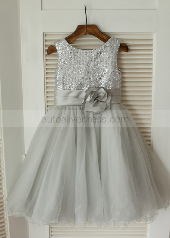 Silver Sequin Gray Tulle Flower Girl Dress 